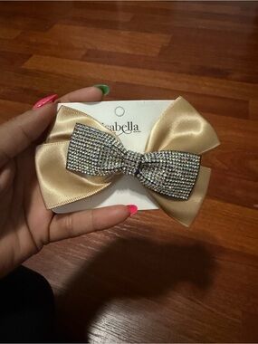 Abella Gold Satin Bow Hair Clip with Rhinestone Embellishment
